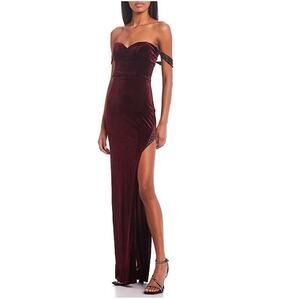 City Studio Womens Off The Shoulder Rhinestone Long Dress 16W Burgundy Slit NWT